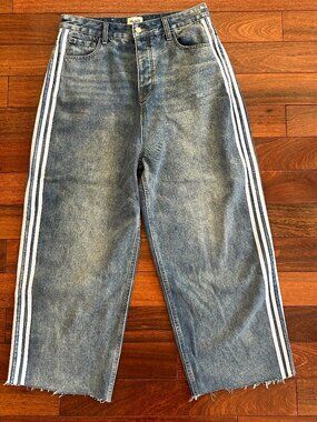 MIJKO Jeans 32 Waist Y2K Baggy Ultra Wide Leg Side Stripe Raw Hem Streetwear